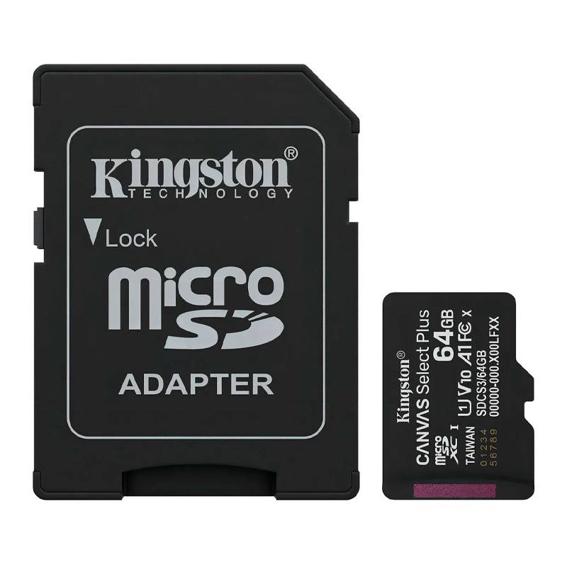 MicroSD Kingston Canvas Select Plus 64GB vista frontal con adaptador SD