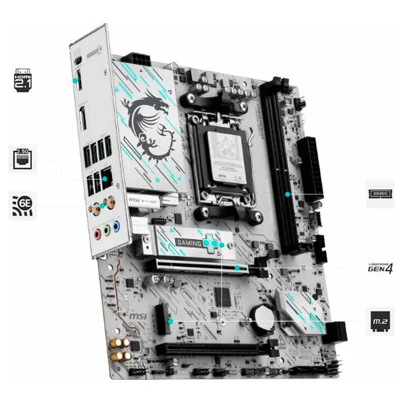 Panel trasero MSI B840M Gaming WiFi6E con puertos HDMI, LAN y USB-C