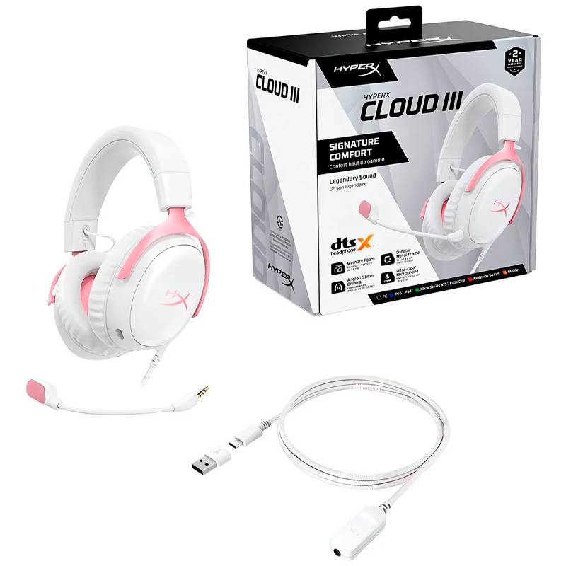 Auriculares Gamer Hyperx Cloud Iii Blanco Rosa Pc Ps5 Xbox